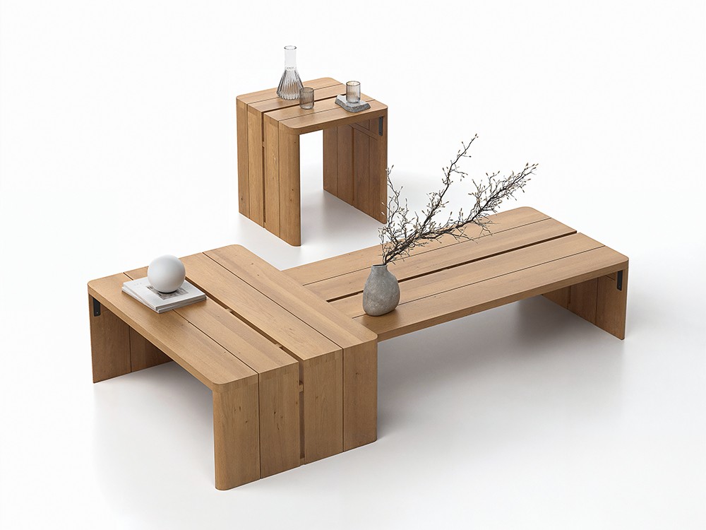 Un primer plano del Salón Olma. Mesas de centro en teca: el detalle que marca la diferencia en tu espacio exterior.