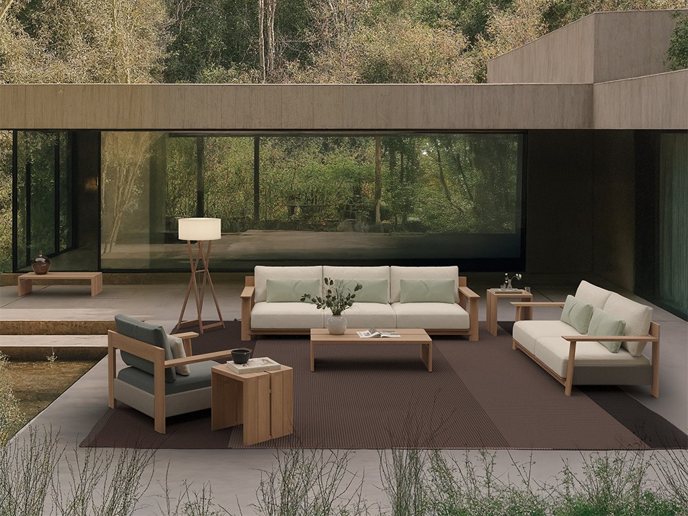 Salón exterior Olma SKLD: Sofás, sillones y mesas de teca. Crea tu oasis de confort y estilo