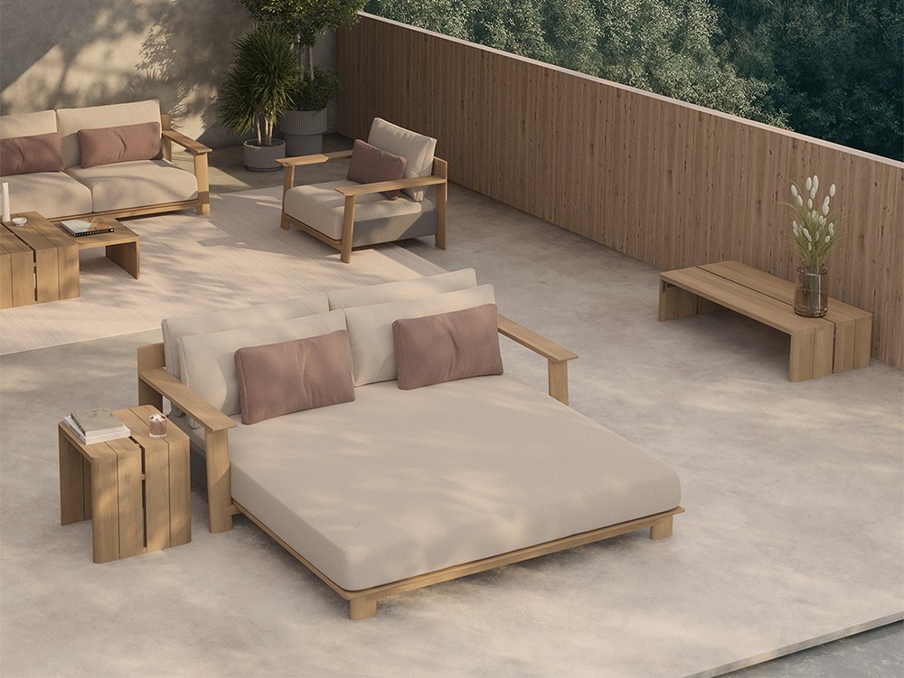 Mesas Olma: Combinaciones modulares en teca. Diseño versátil para tu salón exterior.