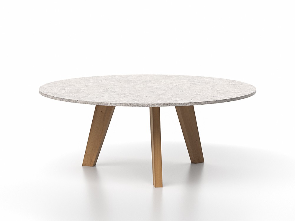 Mesa de centro Velair Ø90 SKLD: sobre de dekton y estructura de teca.