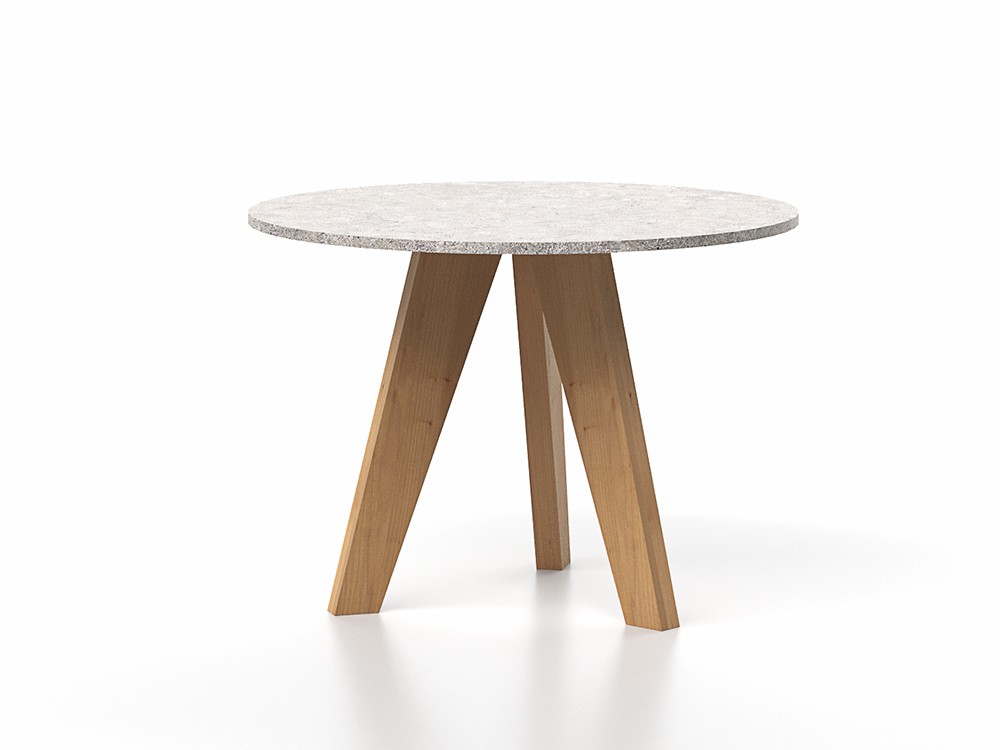 Mesa auxiliar redonda Velair de SKLD: sobre de Dekton y patas de teca