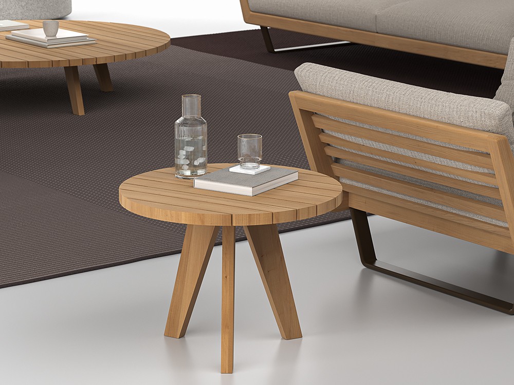 Mesa auxiliar redonda: teca y sobre en Dekton o madera de teca