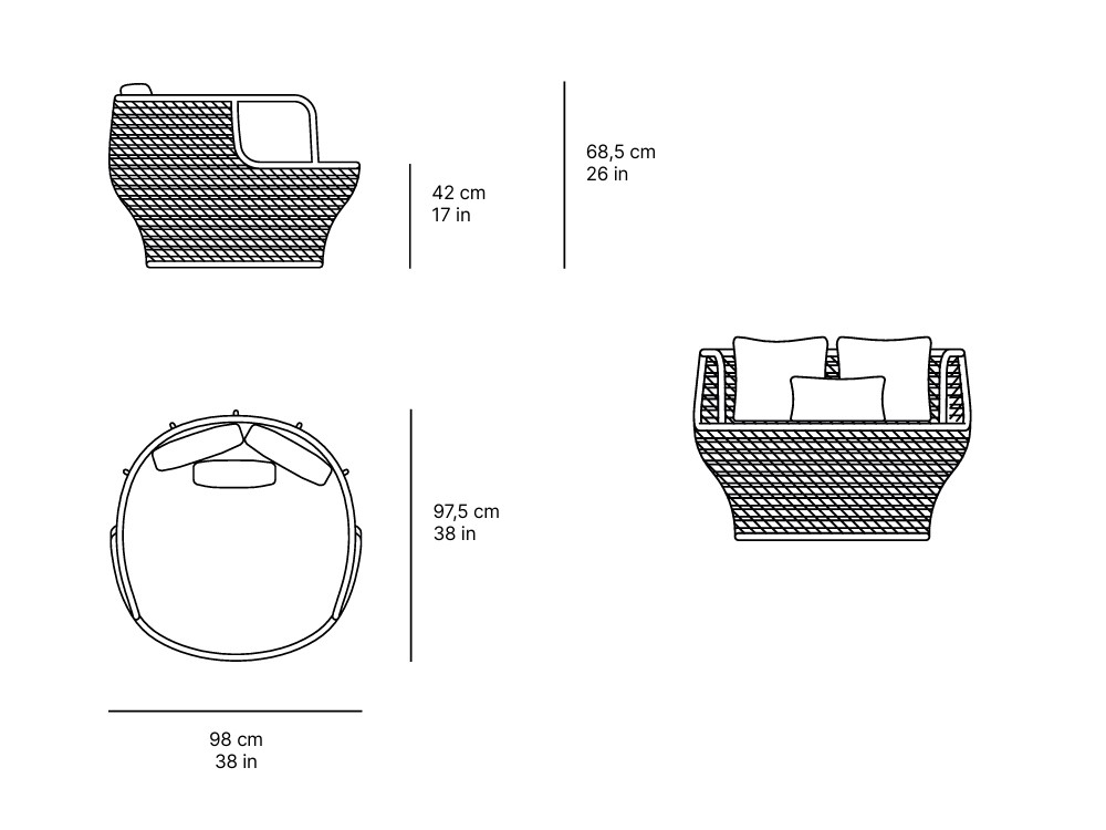 Medidas del sillón Koro de SKLD para terraza o jardín.