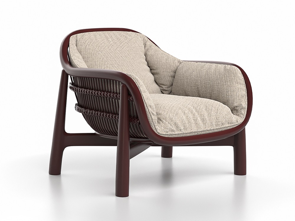 Sillón Serra en aluminio burgundi y fibra trenzada: Un abrazo de diseño y comodidad para tus momentos de relax.