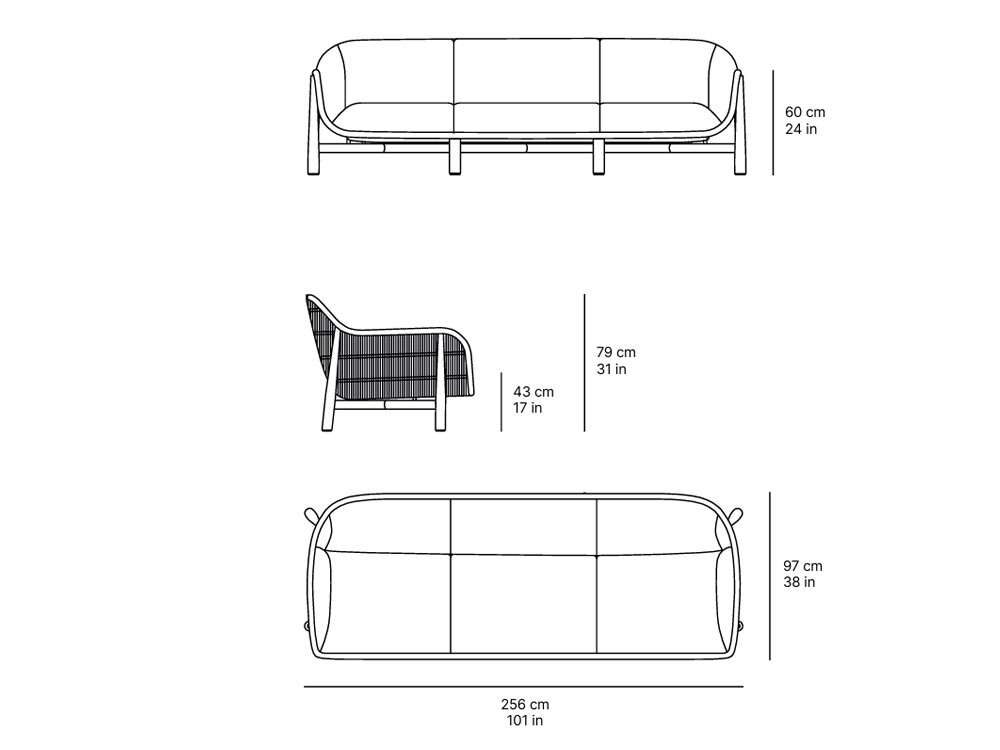 Medidas del sofá de tres plazas Serra de fibra sintética y aluminio