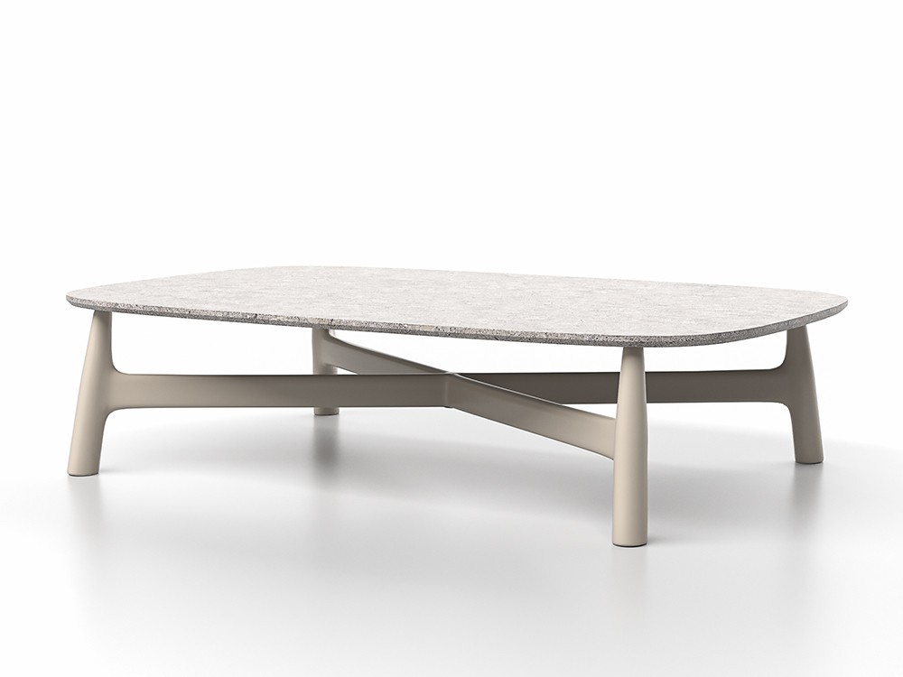 Mesa de centro rectangular Serra con base blanca y sobre Dekton: estilo y durabilidad para tu jardín.