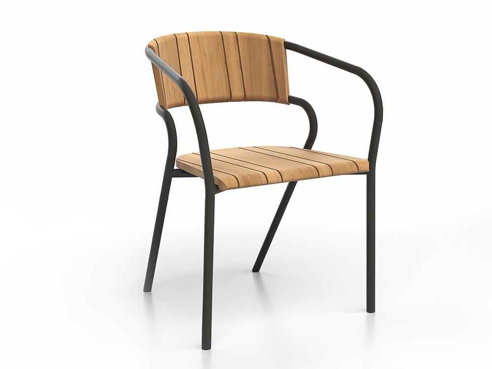 Estructura de aluminio color carbón y listones de teca, la silla Eki estética sofisticada y una resistencia excepcional