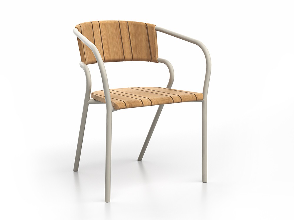 Estructura de aluminio blanco lavado y asiento de teca, esta silla aúna durabilidad y un estilo fresco Eki Teca