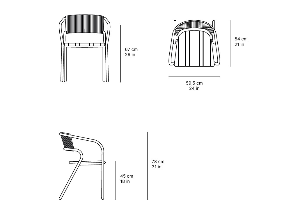Medidas de la silla para comedor exterior Eki de madera y teca de SKLD