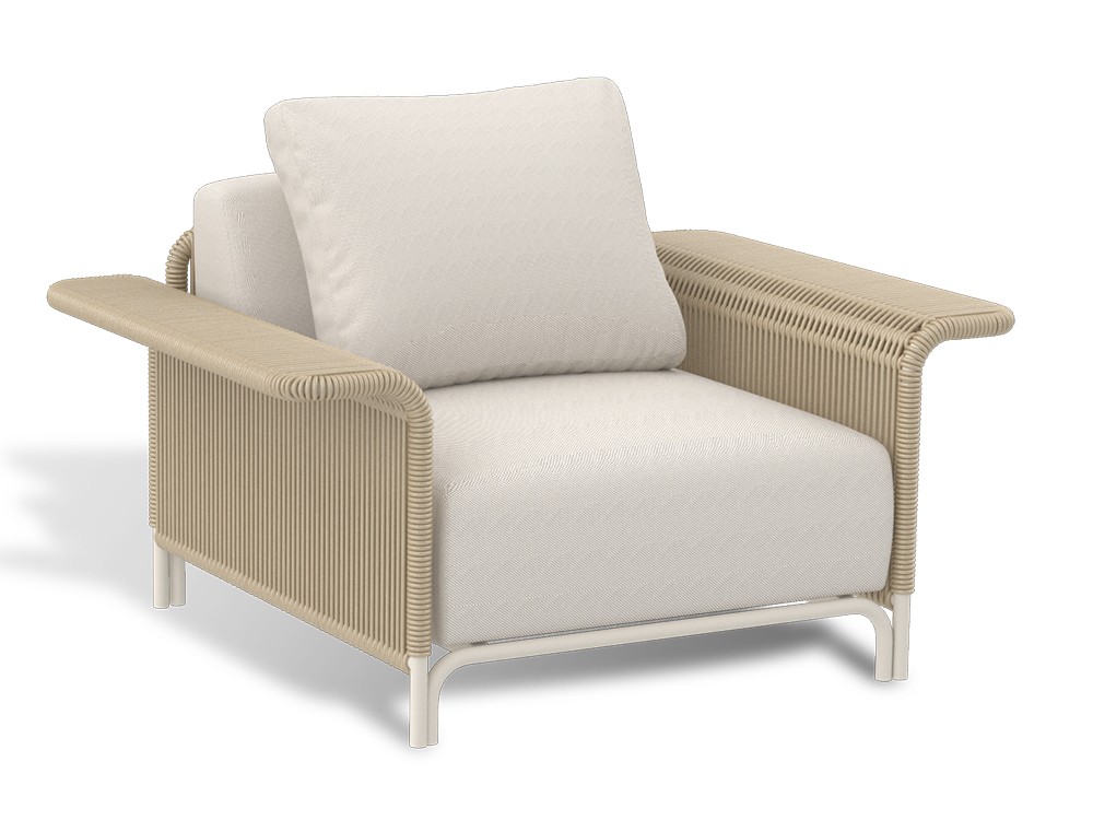 Sillón Fano con estructura en aluminio marfil y fibra trenzada. Diseño cálido y elegante para disfrutar dentro y fuera de casa.