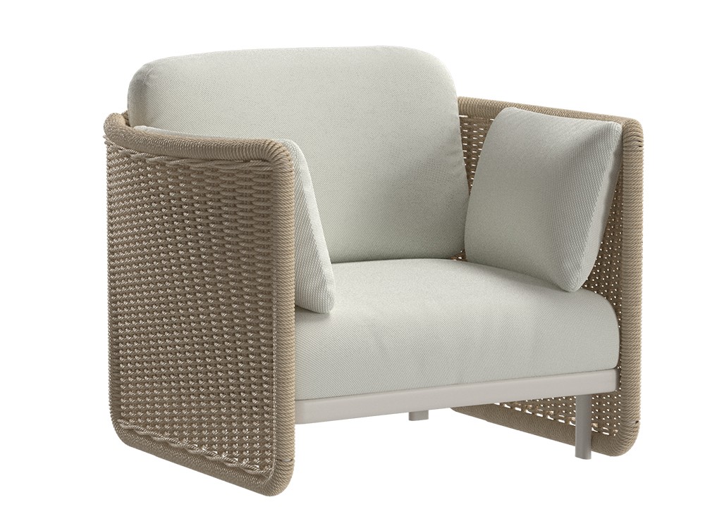 Sillón Galatina con estructura de aluminio marfil: ligereza, elegancia y resistencia para exteriores.