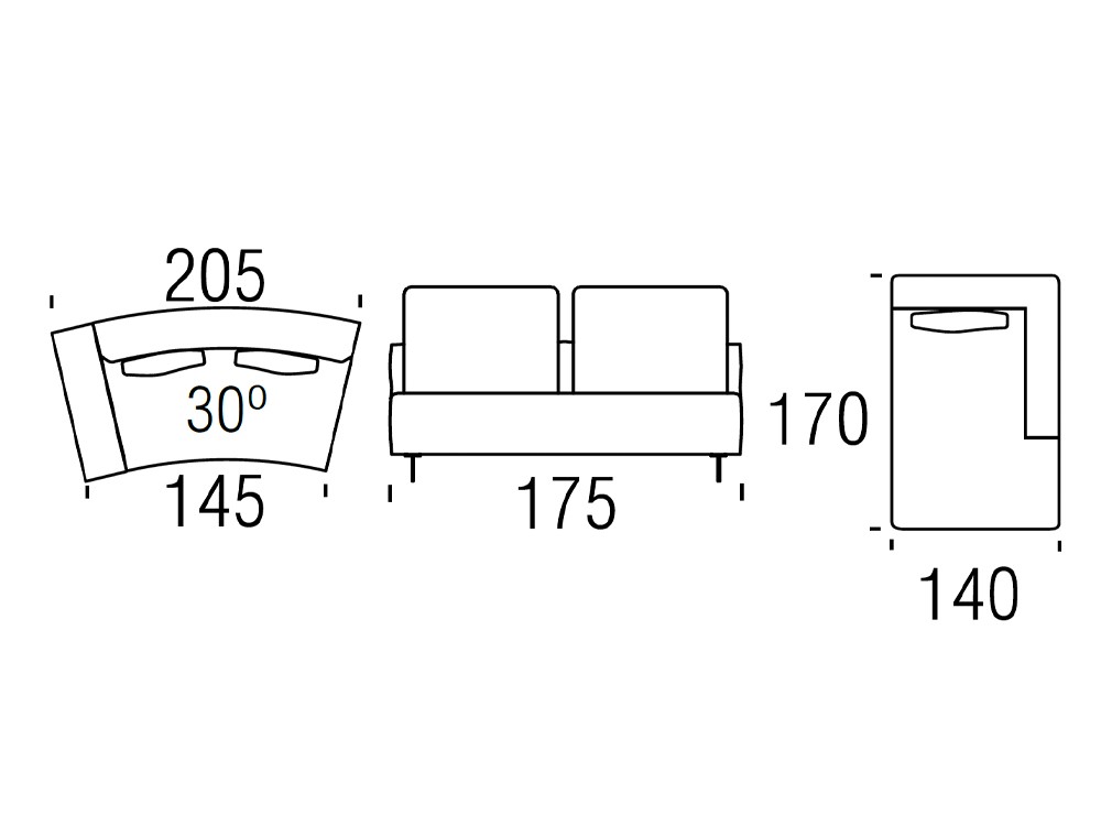 Medidas de la composición Arim con chaiselongue y módulo 30º de Beltá Frajumar