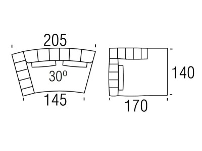 Medidas de la composición modular chaiselongue y módulo 30º Doze Beltá Frajumar