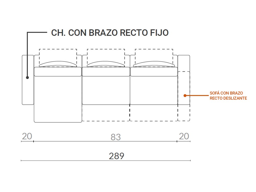 Medidas del sofá chaiselongue deslizante Van Gogh 289 cm de Acomodel