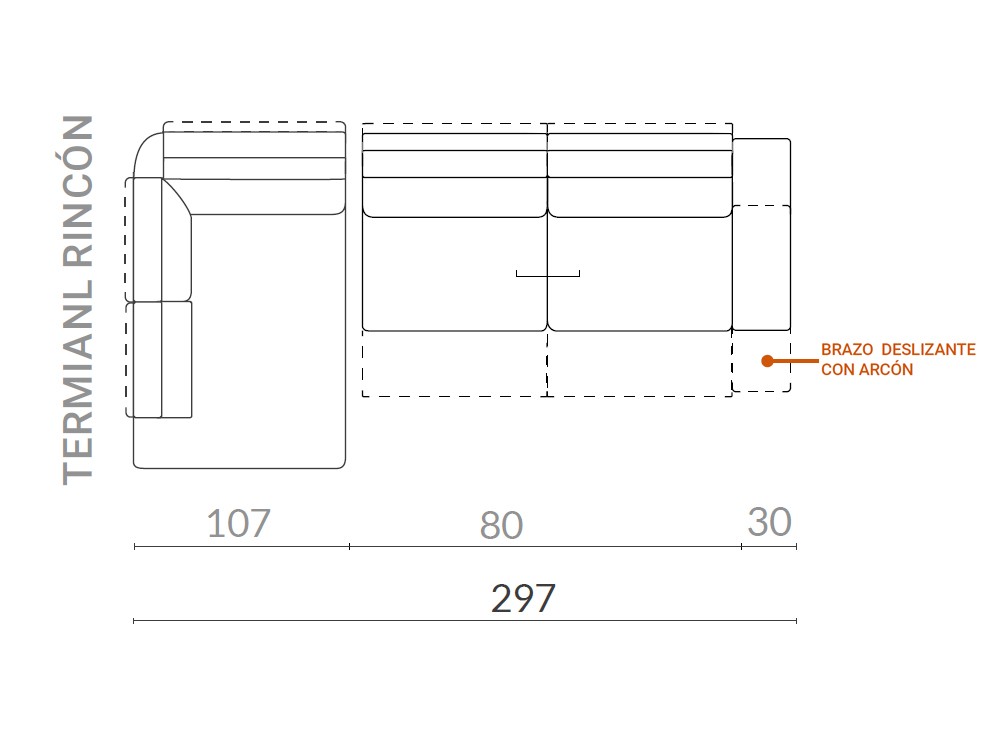 Medidas del sofá rincón deslizante 297 cm Sandro de Acomodel