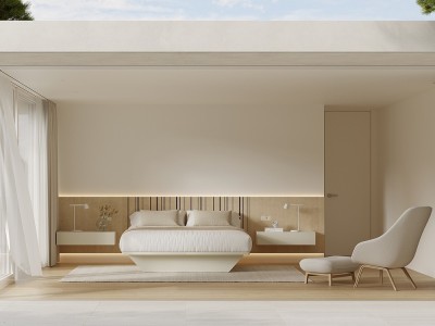 Dormitorio de estilo mediterráneo con cabecero corrido, base y mesitas CM01 Vive