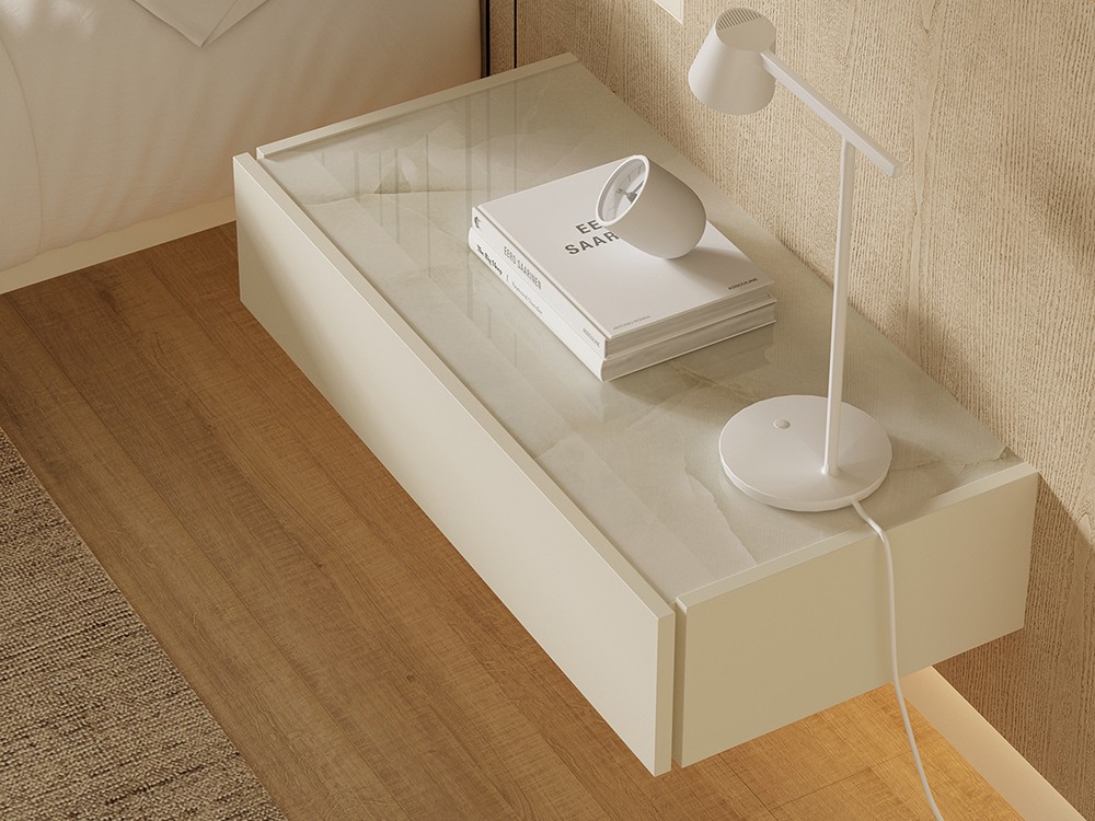 Mesita de noche suspendida con un cajón y sobre en cristal impreso Silk . Vive