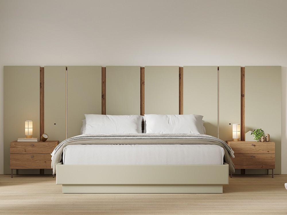 Dormitorio con cabecero corrido, dos mesitas y aro baúl CM02