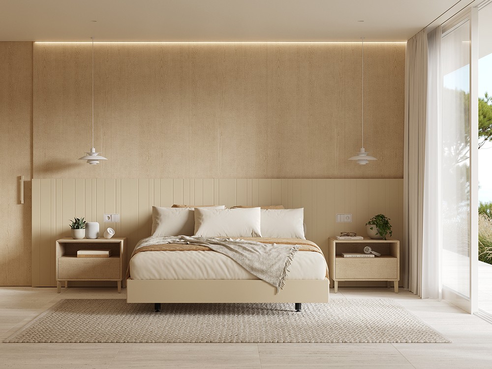 Dormitorio de estilo mediterráneo con cabecero corrido, panel de pared, mesitas y aro CM03 Vive