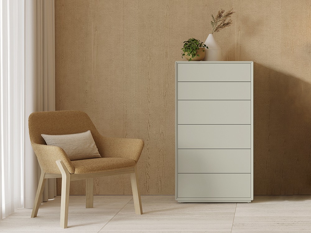 Angul sifonier con seis cajones lacado en acabado perla de Vive muebles.