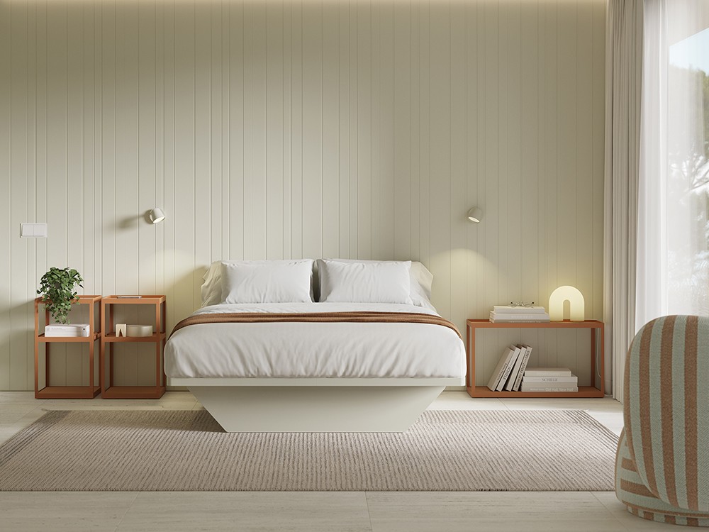 Dormitorio de estilo mediterráneo con panel, base y mesitas de noche CM04 Vive