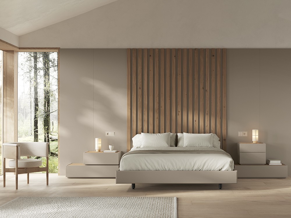 Dormitorio inspirado en la naturaleza con aro, cabezal a techo y mesitas de noche Vive