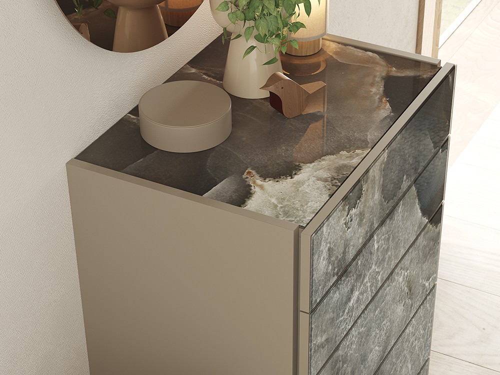 Detalle del nuevo material de la colección de Vive muebles, el cristal impreso Ónix