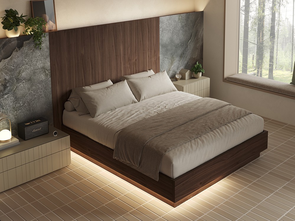 La iluminación de la base es independiente en cada lado de la cama CB03 Vive muebles