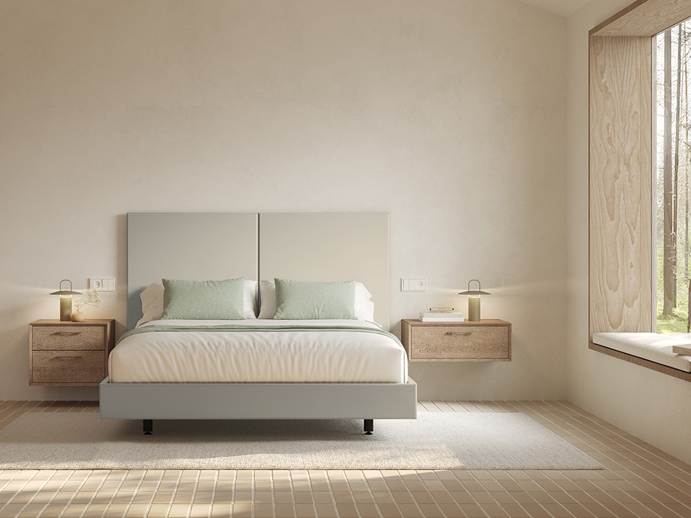 Cama Kori para colchón de 150x190cm en acabado lacado Lino de Vive muebles