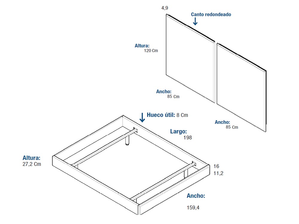 Medidas de la cama Kori para colchón de 150x190cm, no incluye colchón ni somier