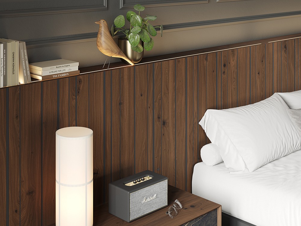 El cabecero Fuelle Codic tiene una separación de la pared que sirve de repisa Vive