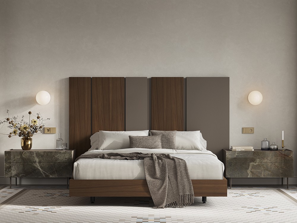 Dormitorio que combina la chapa natural y el acabado lacado de Vive muebles