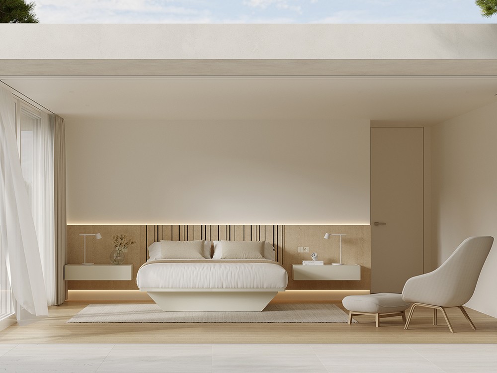 Dormitorio de estilo mediterráneo con cabecero corrido, base y mesitas CM01 Vive