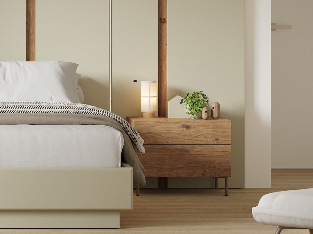 Mesita de noche Compact en chapa natural de roble disponible en varias medidas. Vive muebles