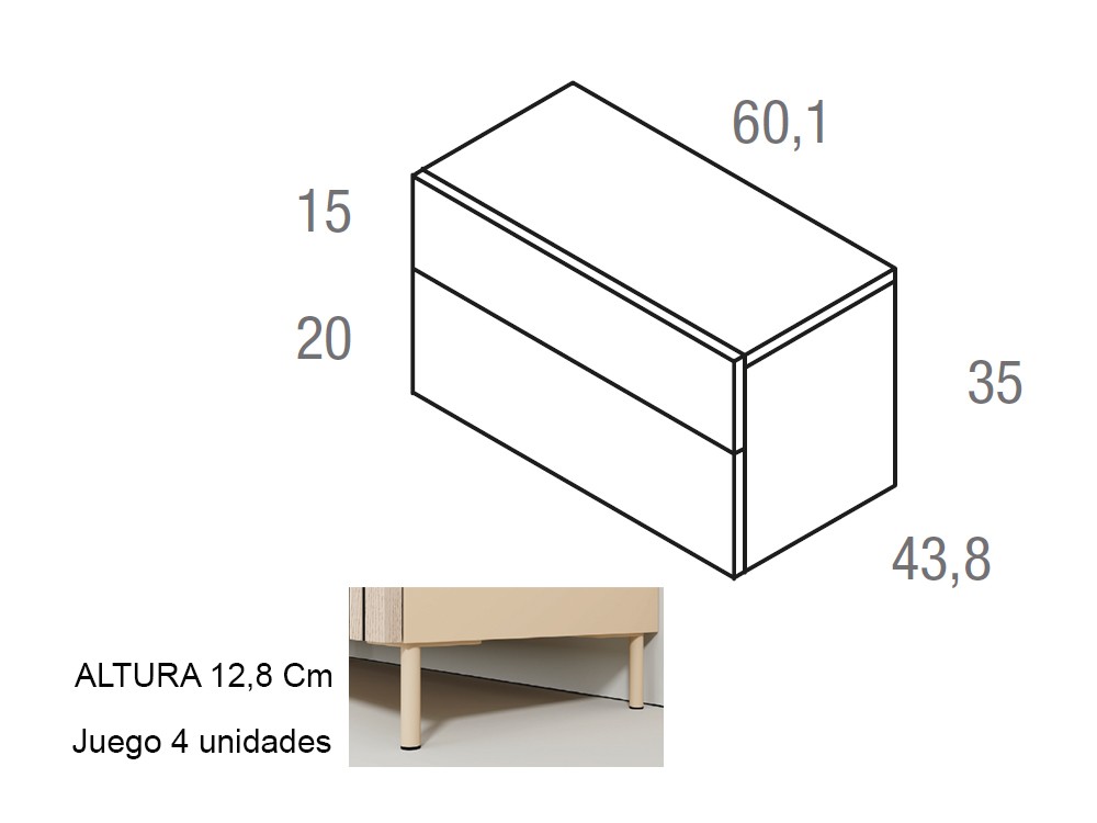 Medidas de la mesita de noche Compact Roble con dos cajones 60.1cm. Vive muebles