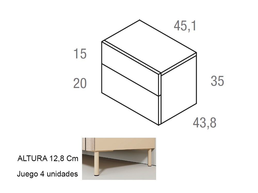 Medidas de la mesita de noche Compact Roble con dos cajones 45.1cm. Vive muebles