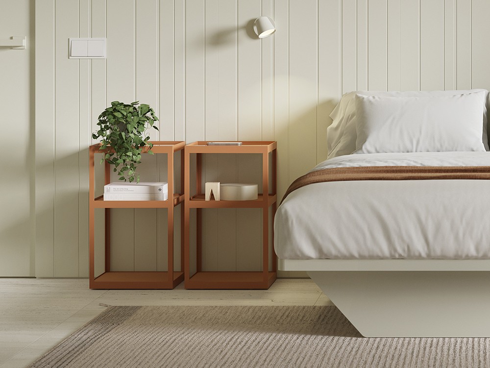 Puedes elegir los acabados de la mesita kub: cristal, madera o porcelánico.