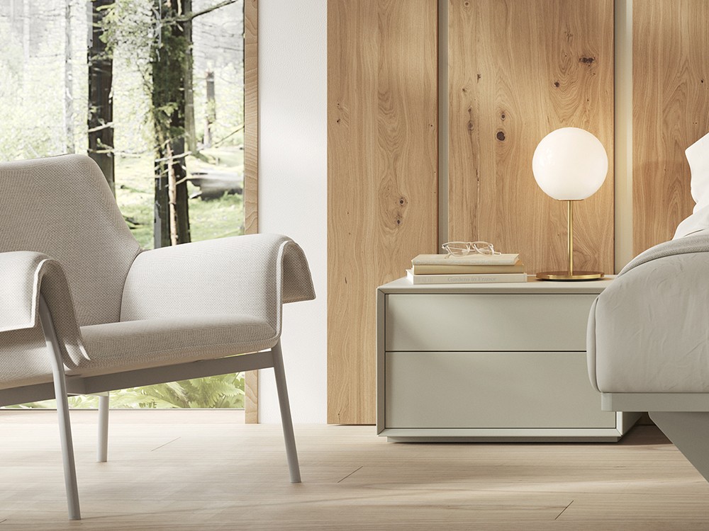 mesita de noche angul con dos cajones sobre tarima de Vive muebles