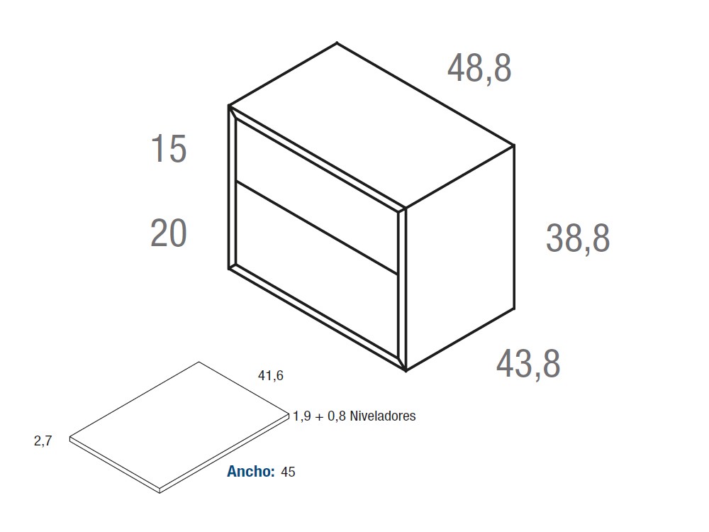 Medidas de la mesita de noche Angul 48.8cm con dos cajones de Vive muebles.