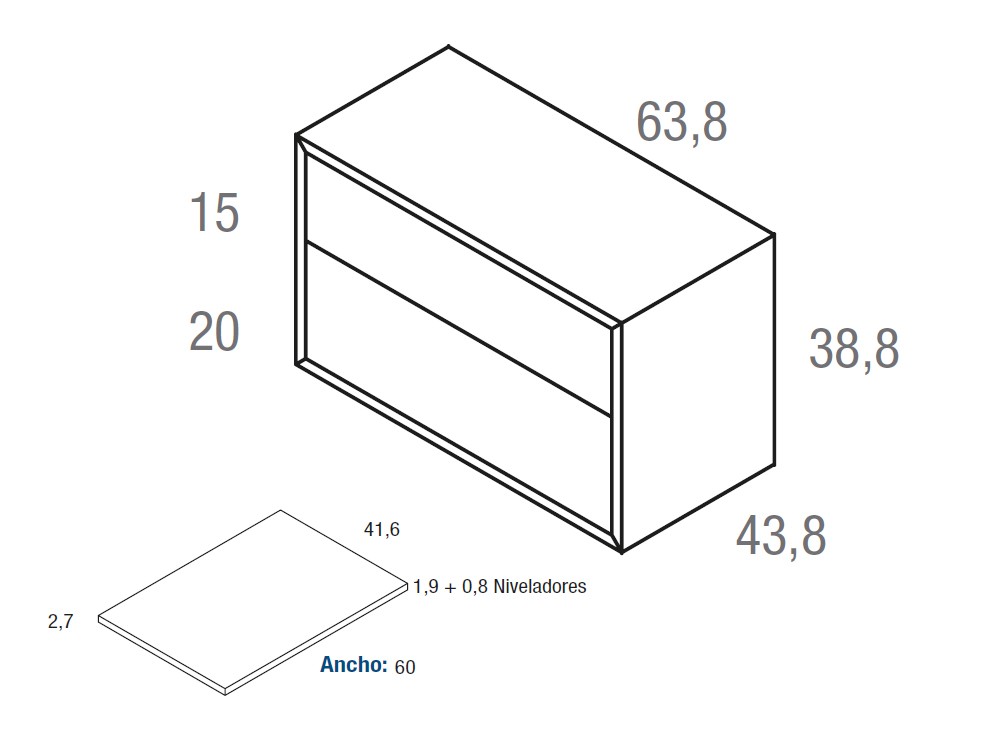 Medidas de la mesita de noche Angul 63.8cm con dos cajones de Vive muebles.
