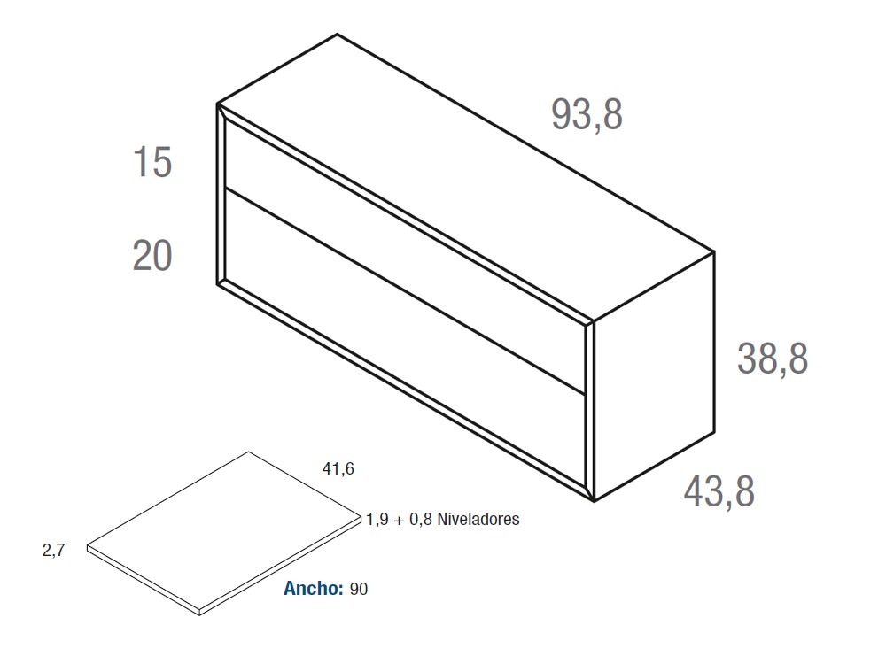 Medidas de la mesita de noche Angul 93.8cm con dos cajones de Vive muebles.