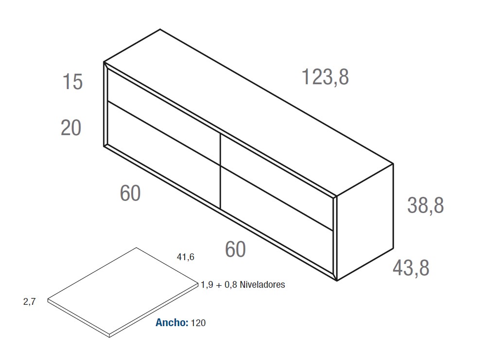 Medidas de la mesita de noche Angul 123.8cm con cuatro cajones de Vive muebles.