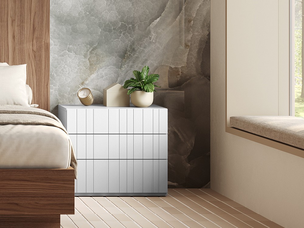 la mesita de noche Compact Codic está disponible en varios acabados lacados o chapa madera