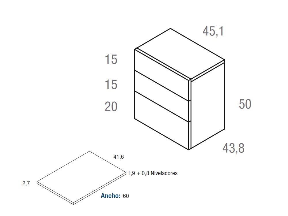 Medidas de la mesita compact codic con tres cajones 45.1cm de Vive muebles.