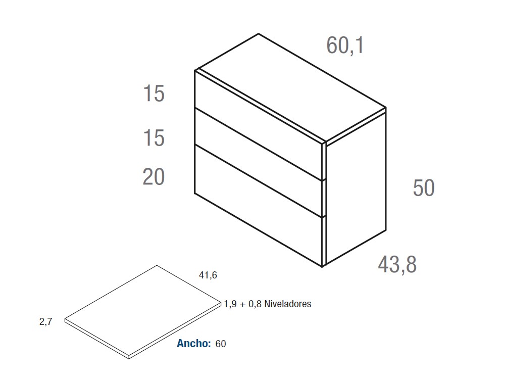 Medidas de la mesita compact codic con tres cajones 60.1cm de Vive muebles.