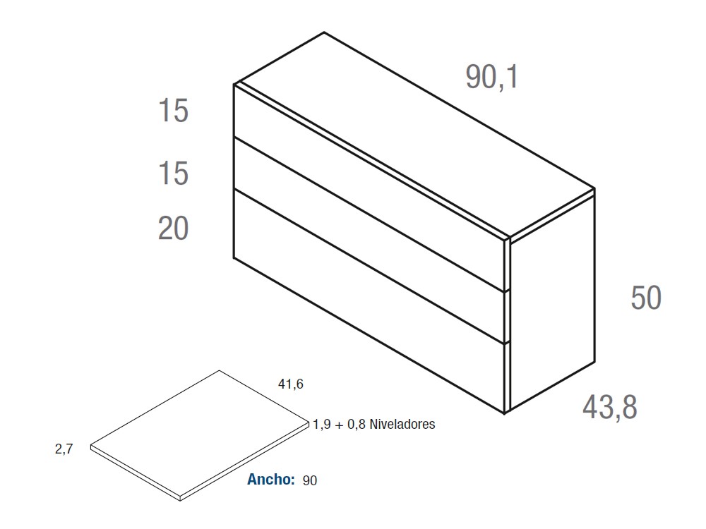 Medidas de la mesita compact codic con tres cajones 90.1cm de Vive muebles.