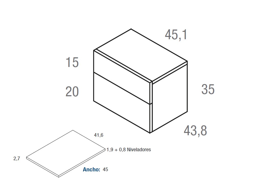 Medidas mesita de noche Compact Codic con dos cajones 45.1cm de Vive muebles.