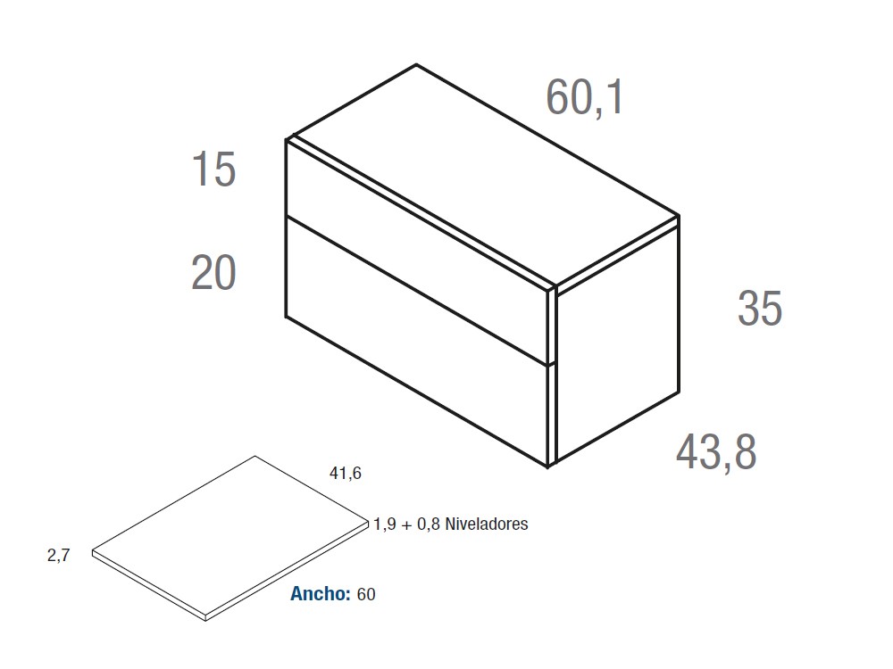 Medidas mesita de noche Compact Codic con dos cajones 60.1cm de Vive muebles.