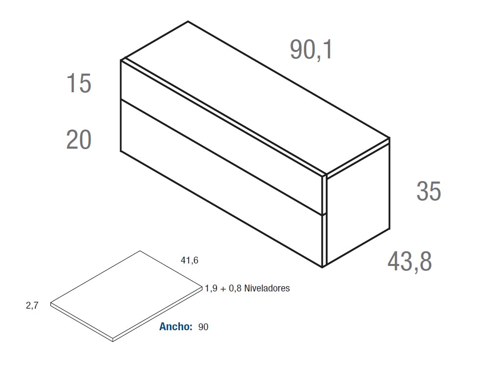 Medidas mesita de noche Compact Codic con dos cajones 90.1cm de Vive muebles.