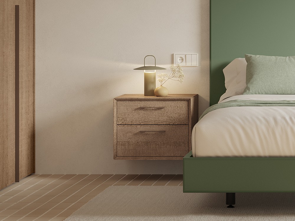 Mesita de noche suspendida Angul con dos cajones en chapa natural de fresno. Vive muebles